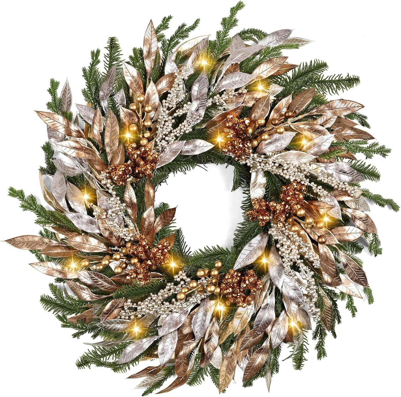 Pre-lit 26-inch pine Christmas wreath with metallic gold leaves and berry accents on a front door
