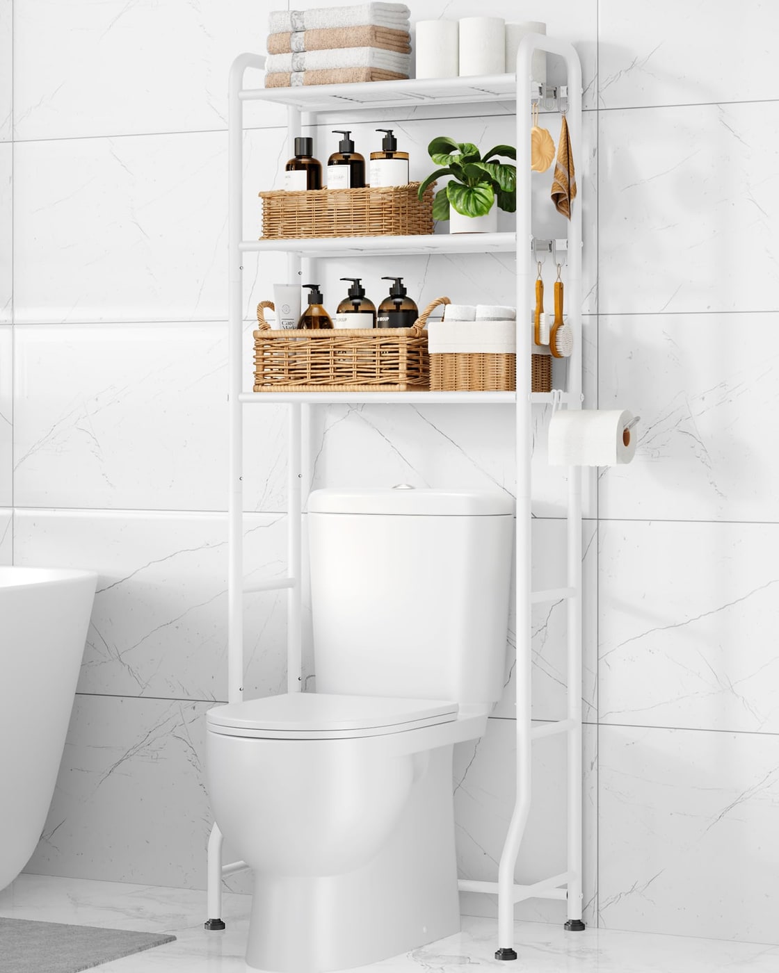 3-Tier Over-Toilet Storage Rack with Paper Holder & Hooks - White