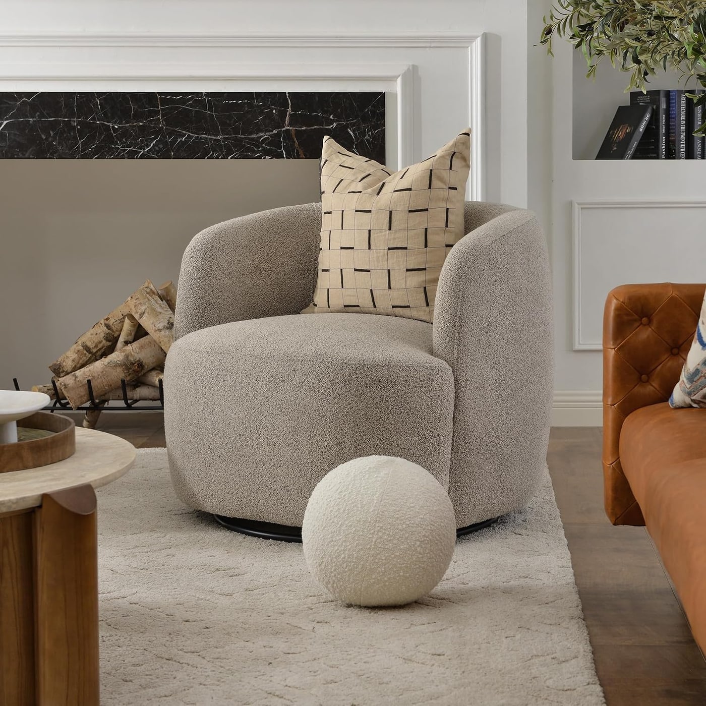 34" Boucle Swivel Barrel Chair with Lumbar Pillow - Photo 3