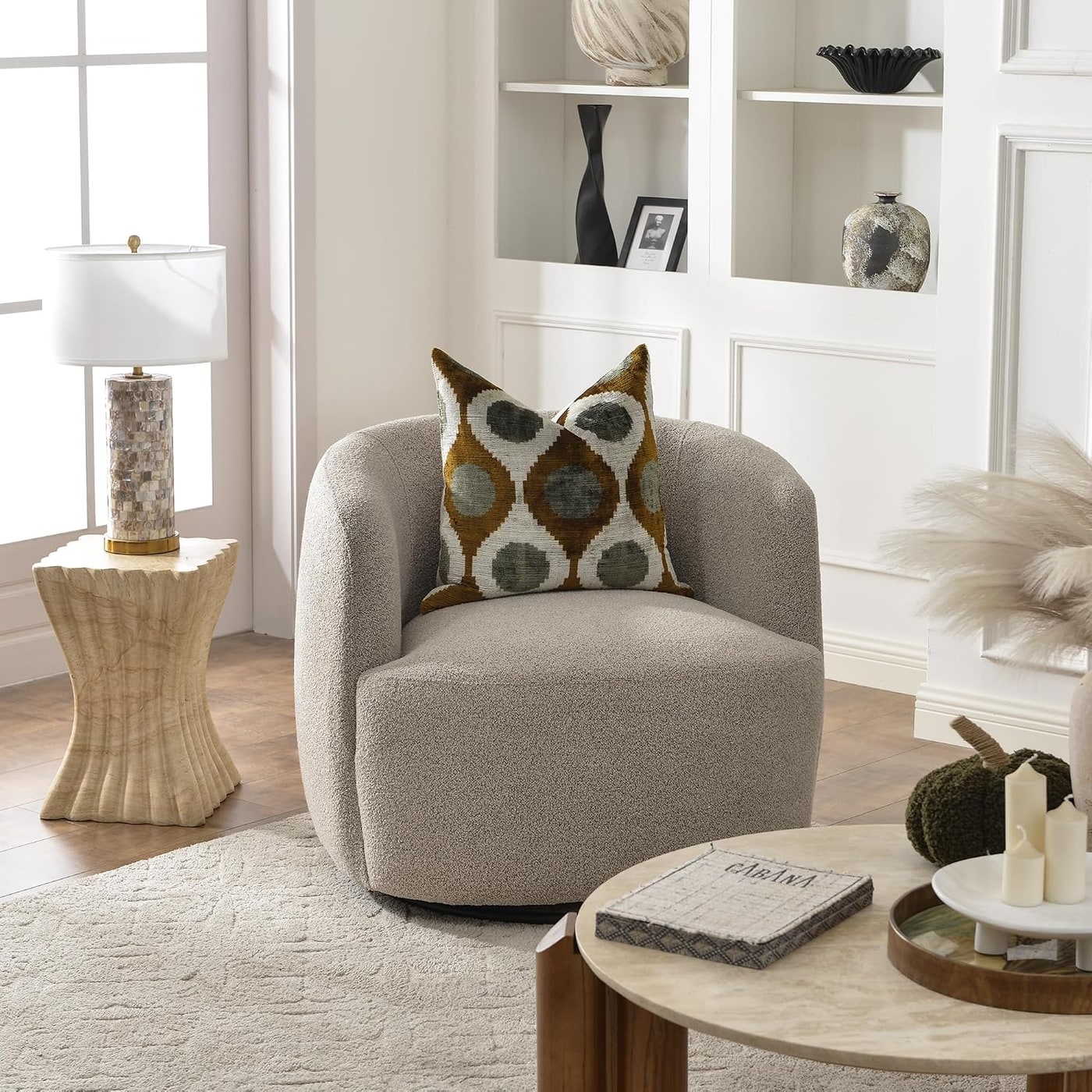 34" Boucle Swivel Barrel Chair with Lumbar Pillow - Photo 4