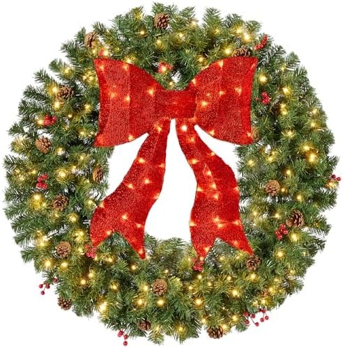 36-Inch Pre-Lit Holiday Wreath with Berries, Pinecones & Red Bow - Photo 2