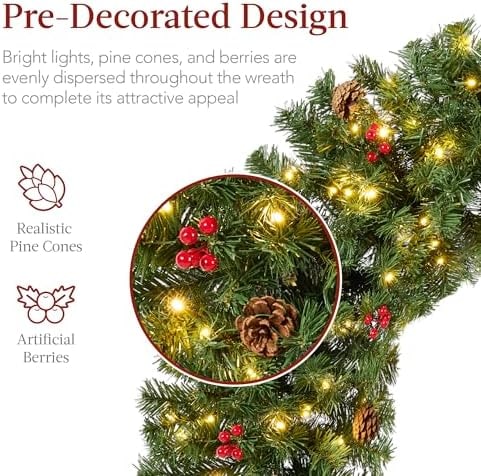 36-Inch Pre-Lit Holiday Wreath with Berries, Pinecones & Red Bow - Photo 3