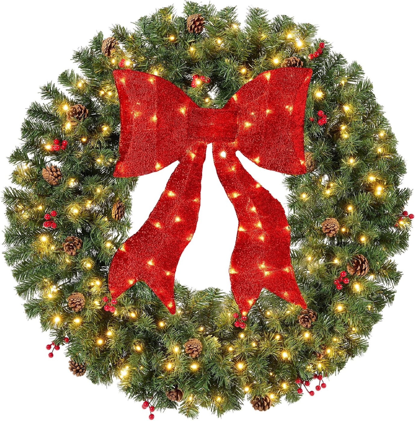 Large 36-inch pre-lit holiday wreath with green faux spruce, red berries, natural pinecones, and a bright red bow