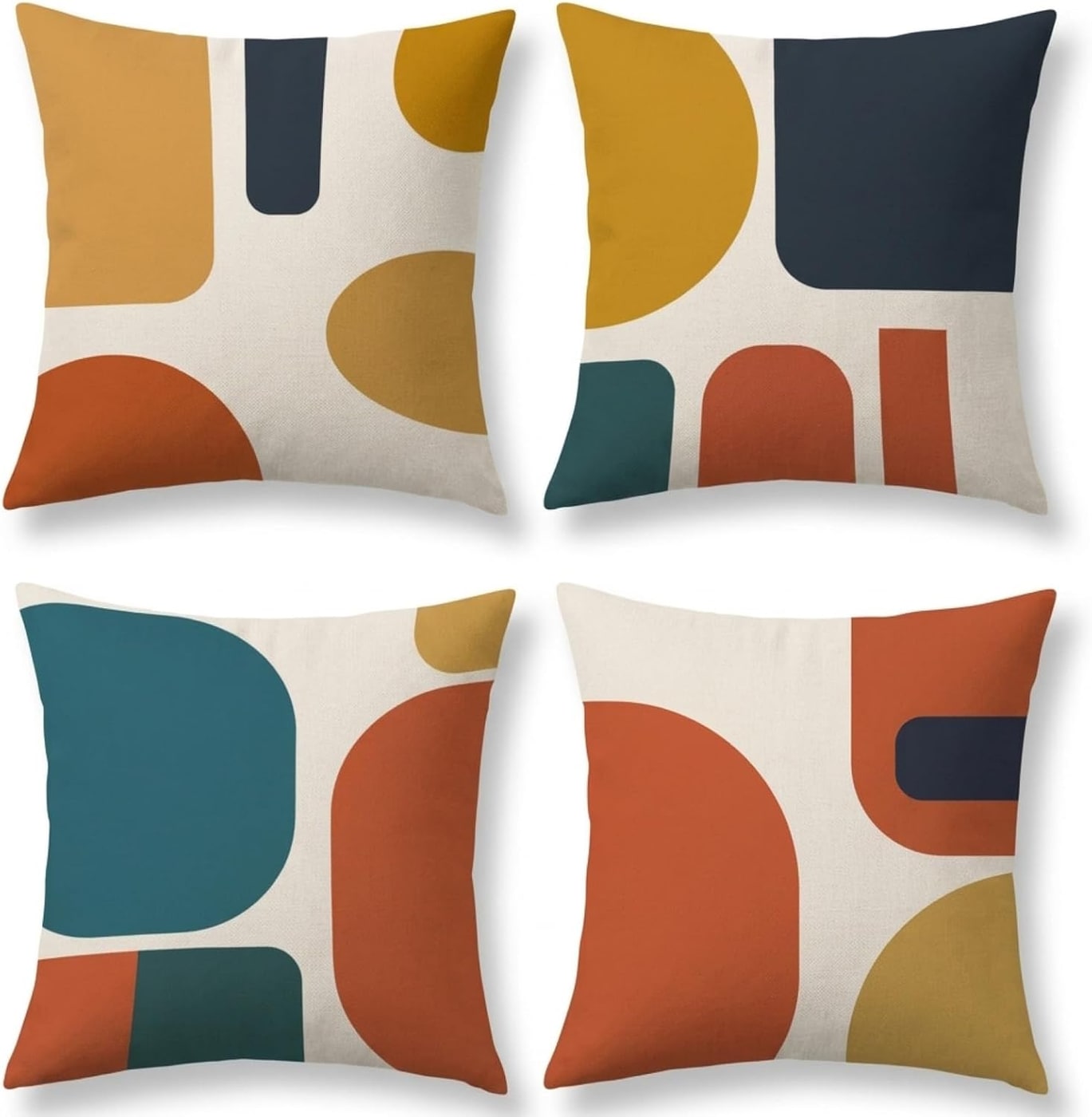 Four burnt orange and navy abstract throw pillow covers with hidden zippers on a white background.