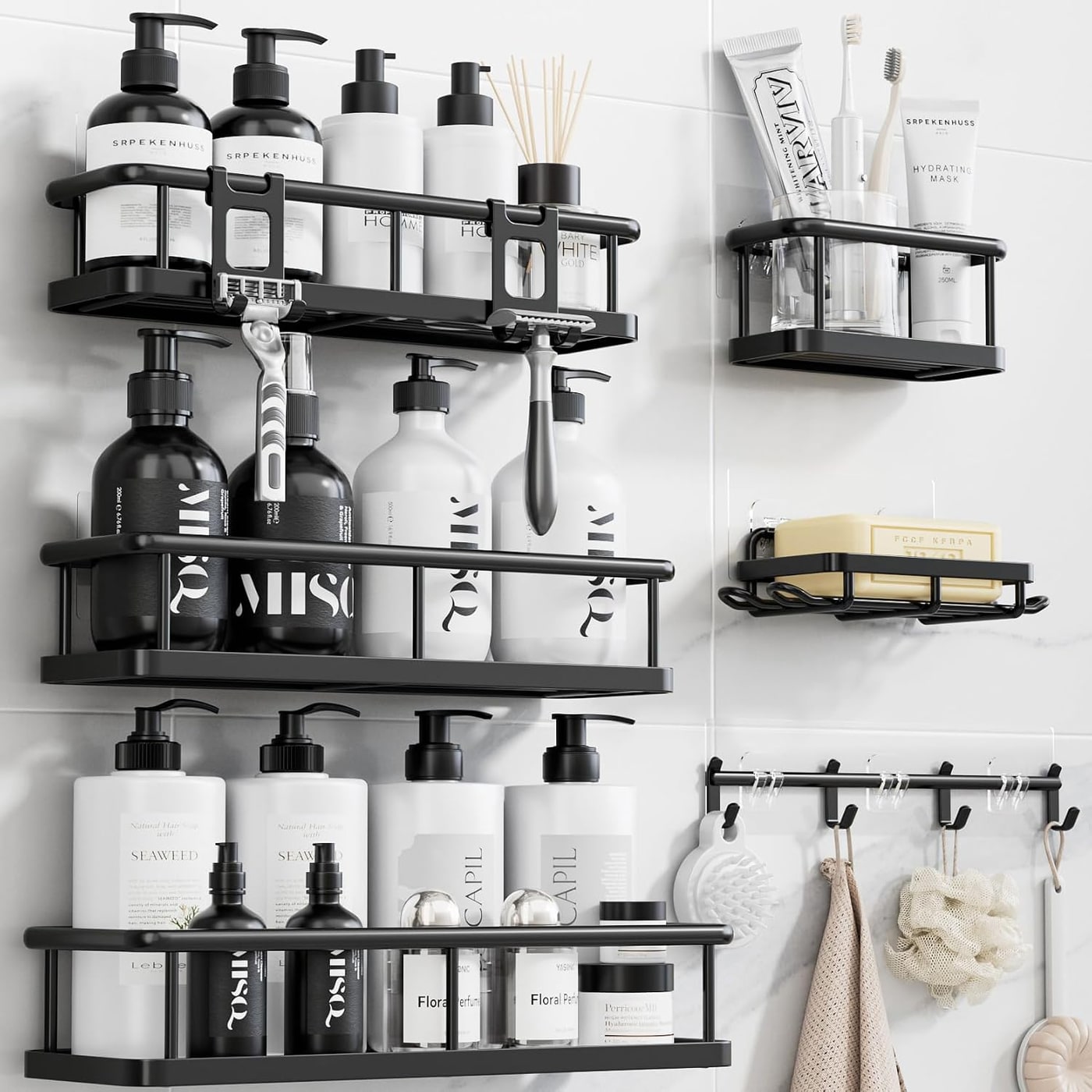 Adhesive Shower Caddy Organizer with Soap Holder, 6-Piece Set - Black