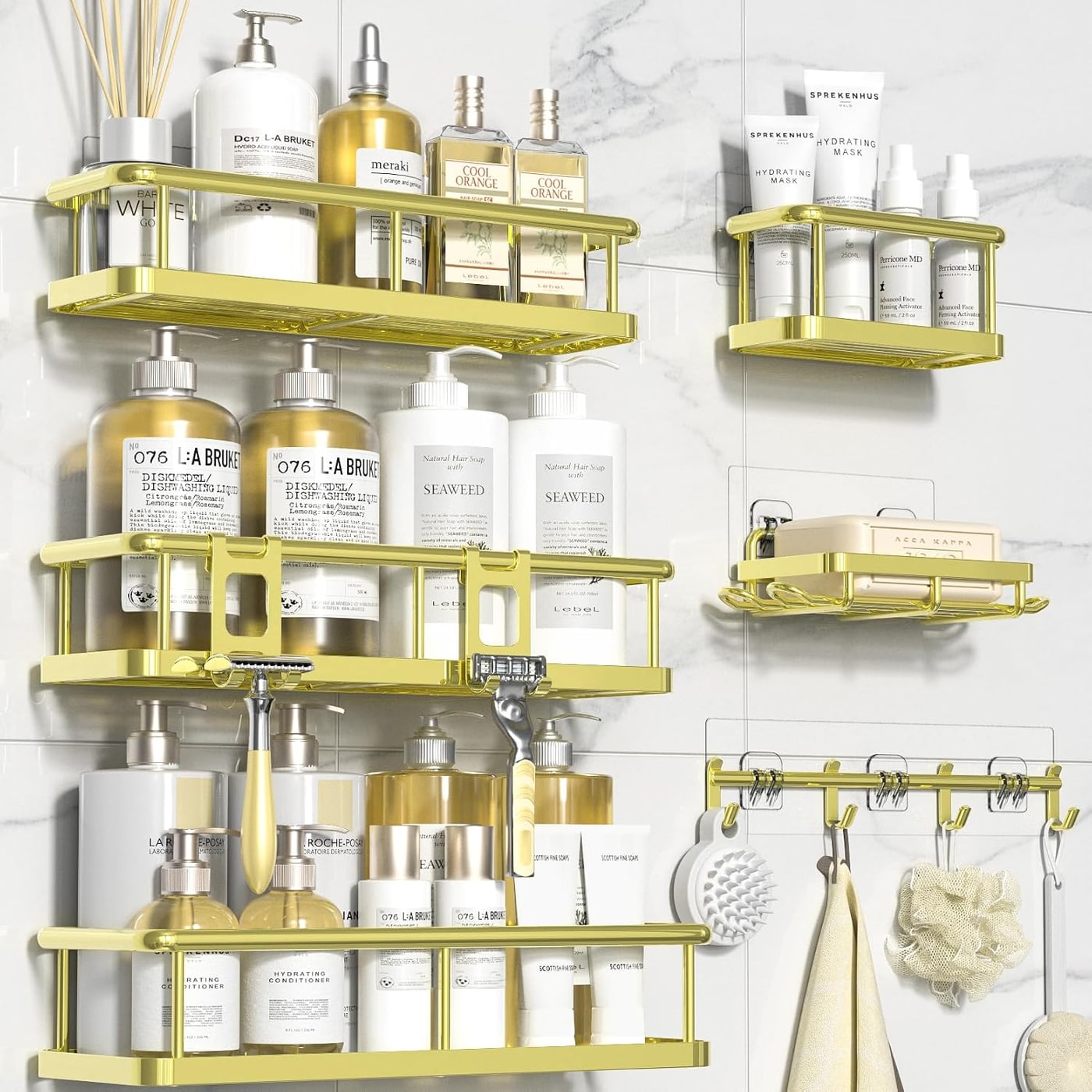 Adhesive Shower Caddy Organizer with Soap Holder, 6-Piece Set - Gold
