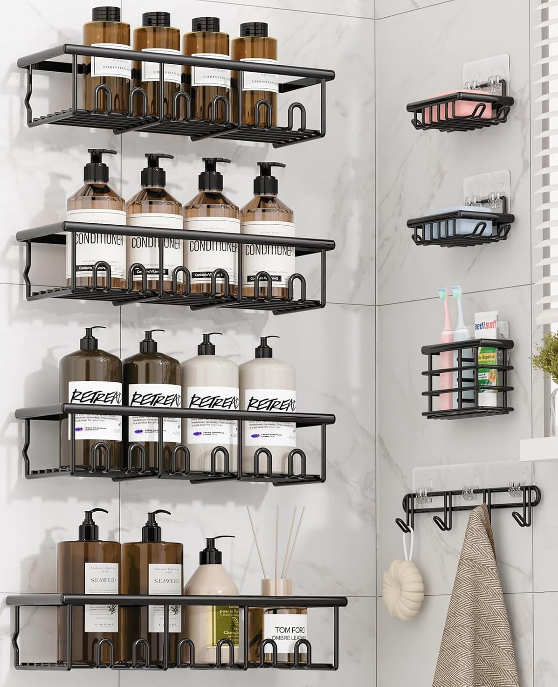 8-Piece Adhesive Shower Organizer Set - Black