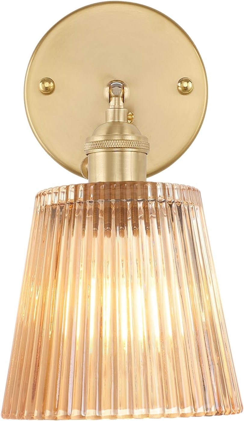 Adjustable Brass Wall Sconce with Striped Glass Shade