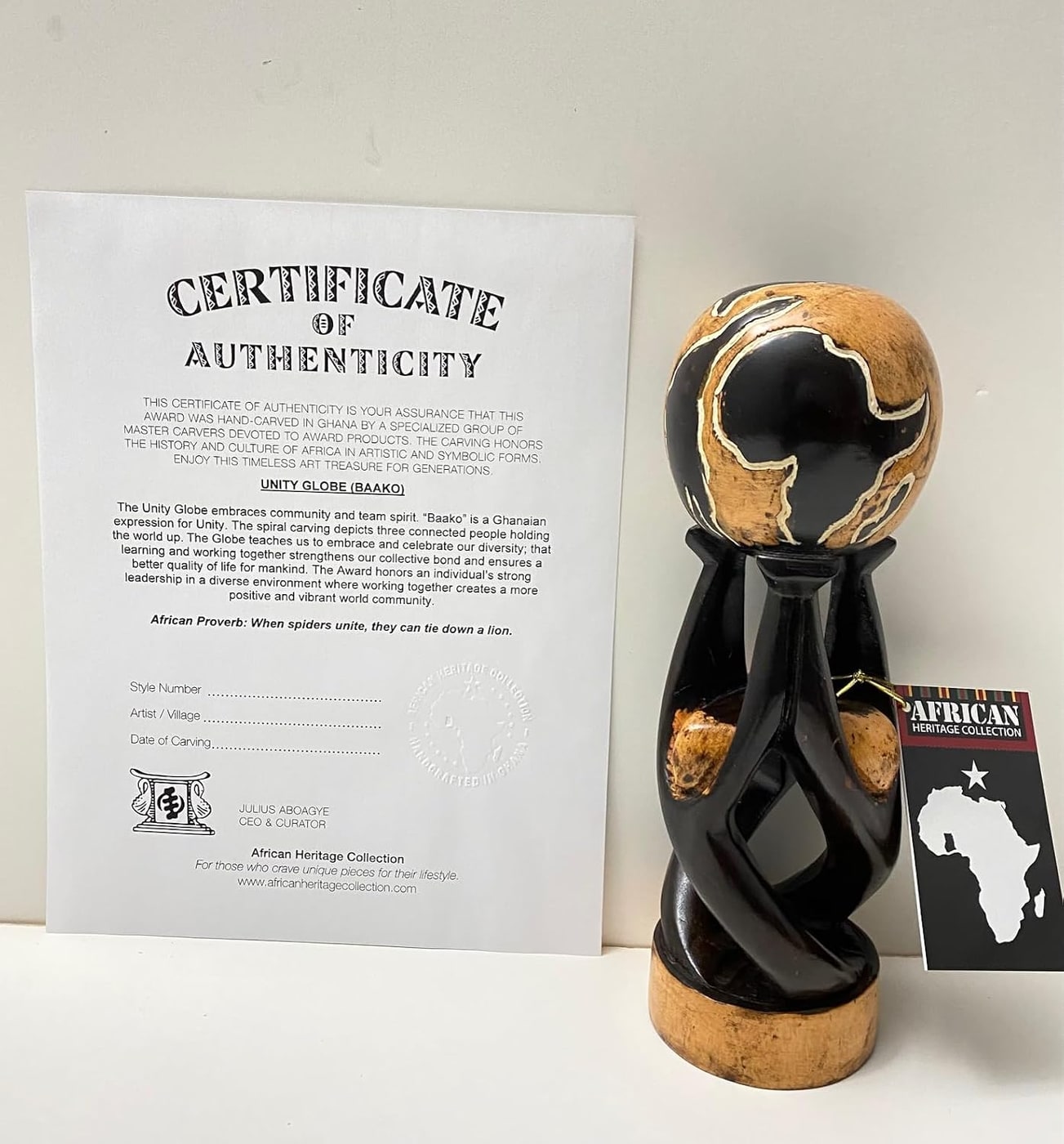 Hand-Carved African Unity Globe Wood Award, 9" - As Shown