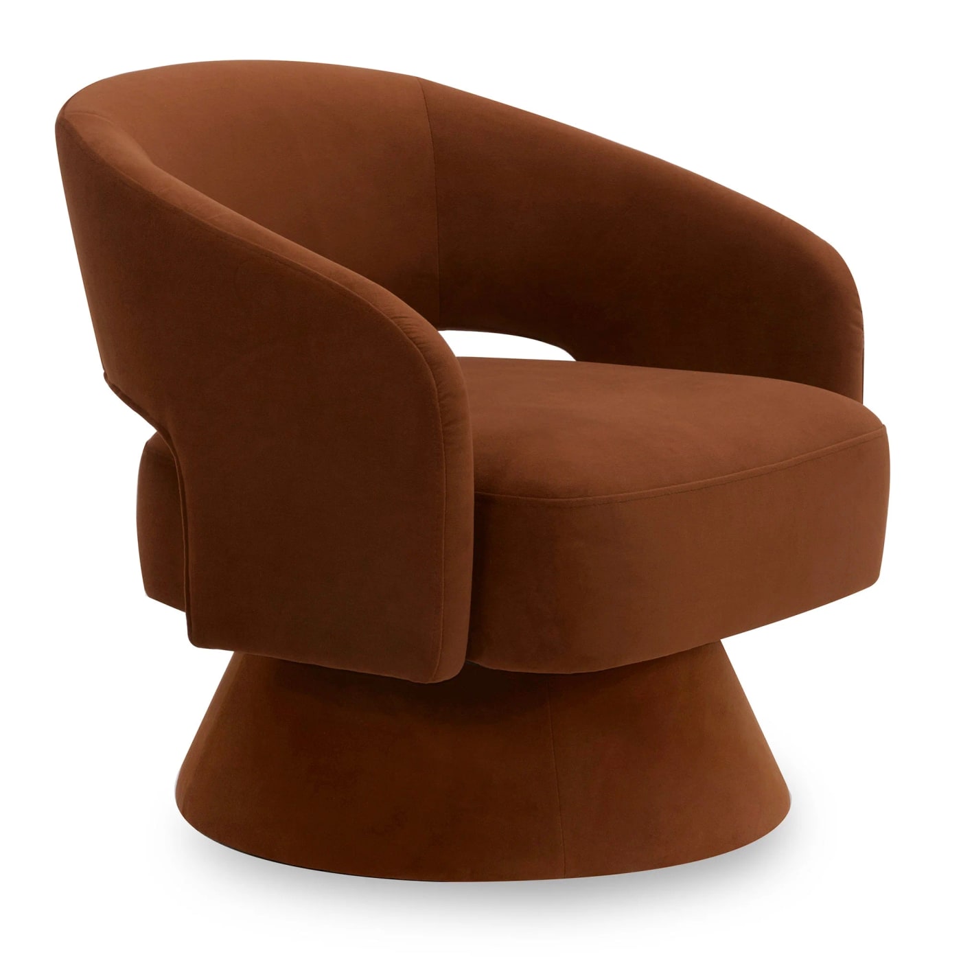 Ambre Velvet Swivel Accent Chair in burnt orange velvet with a curved barrel back and 360-degree swivel base