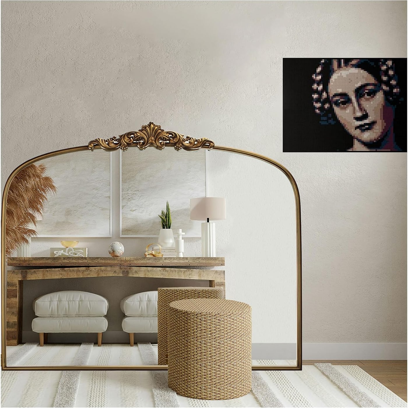 Arched wall mirror with vintage gold metal frame and gentle arch, thirty-six inches wide and thirty high