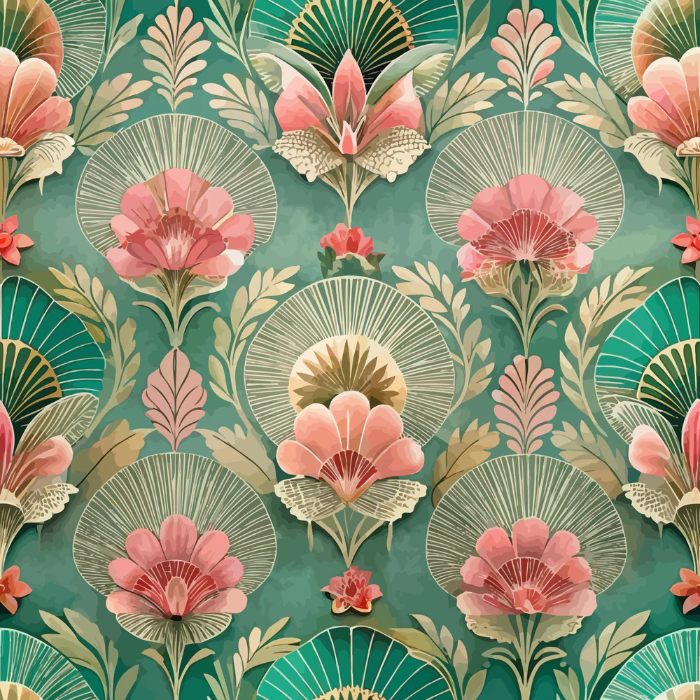 Teal Coral Art Deco Floral Quilting Cotton