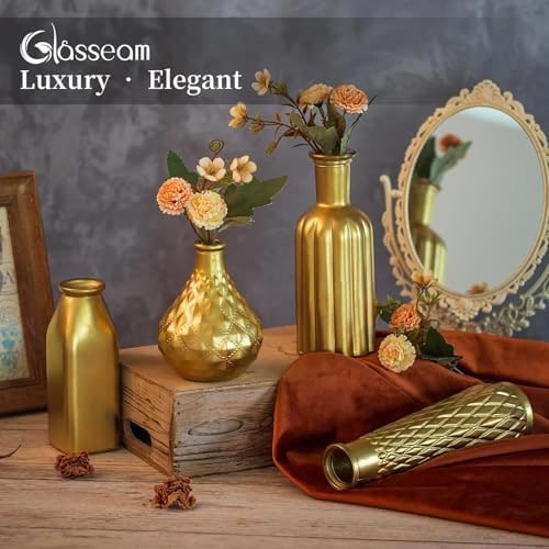 Art Deco Gold Glass Cylinder Vase Set - Photo 3