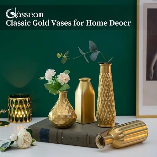 Art Deco Gold Glass Cylinder Vase Set - Photo 4