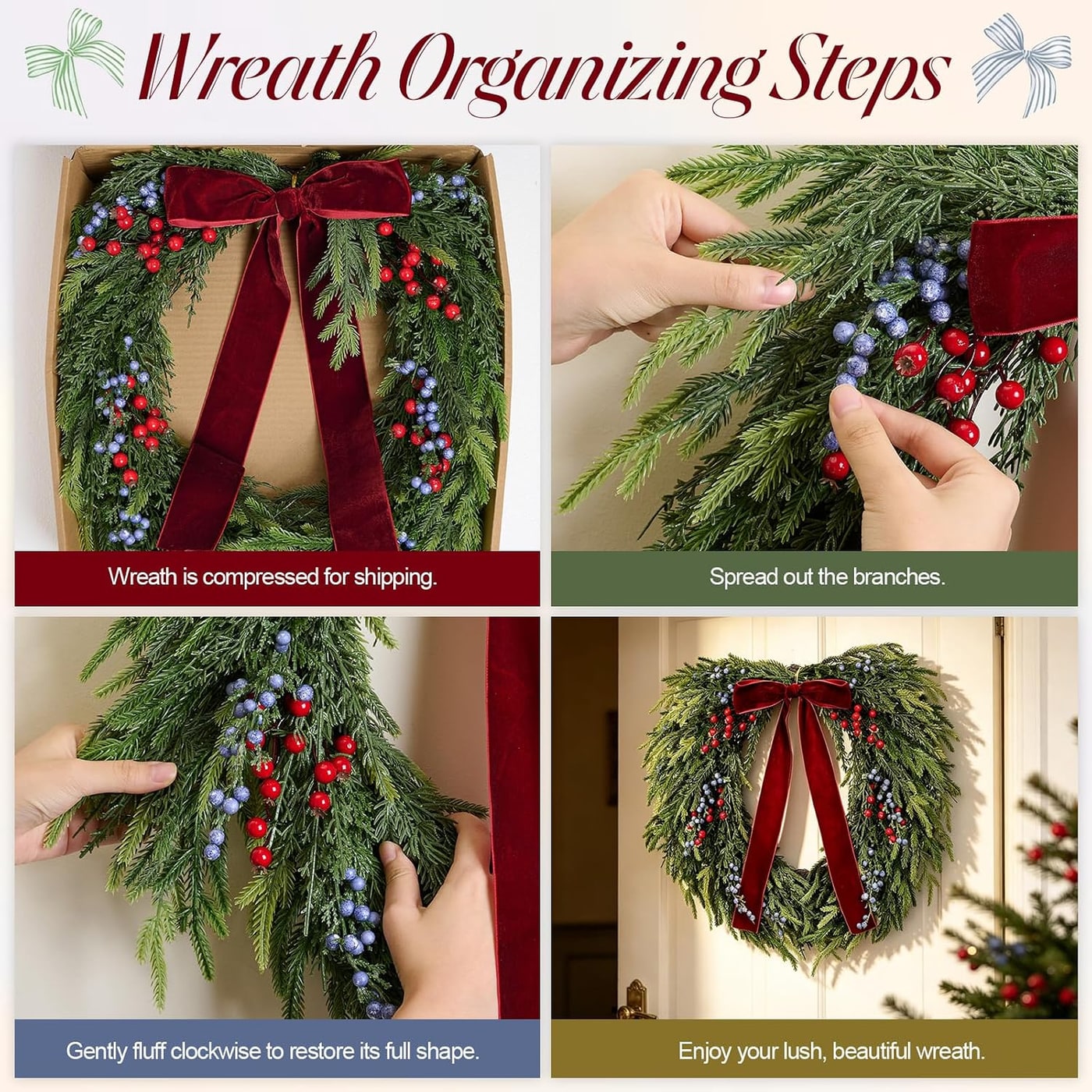 26-Inch Artificial Christmas Wreath with Berries and Velvet Bow - Photo 4