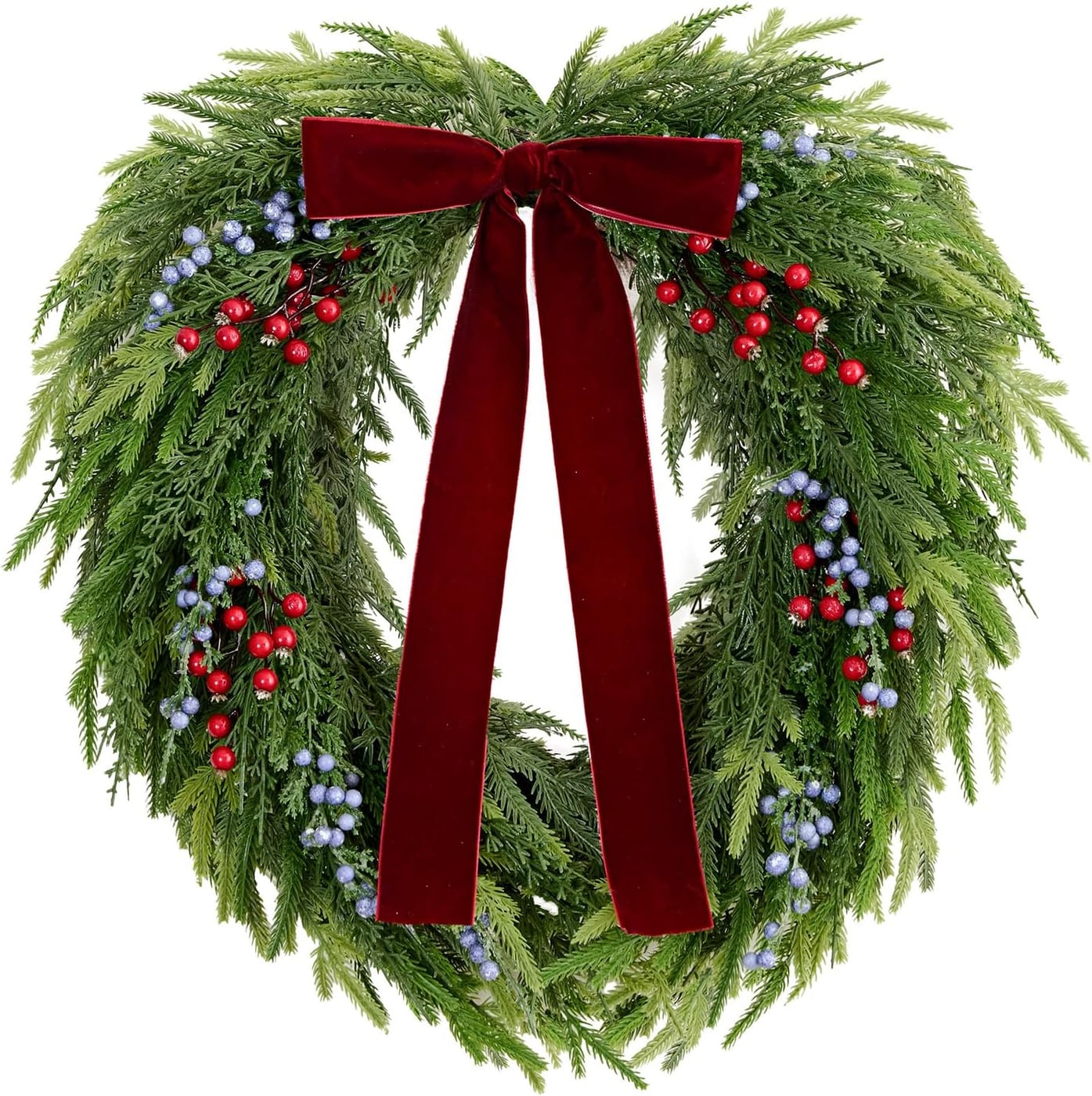 26-Inch Artificial Christmas Wreath with Berries and Velvet Bow - Green & Red