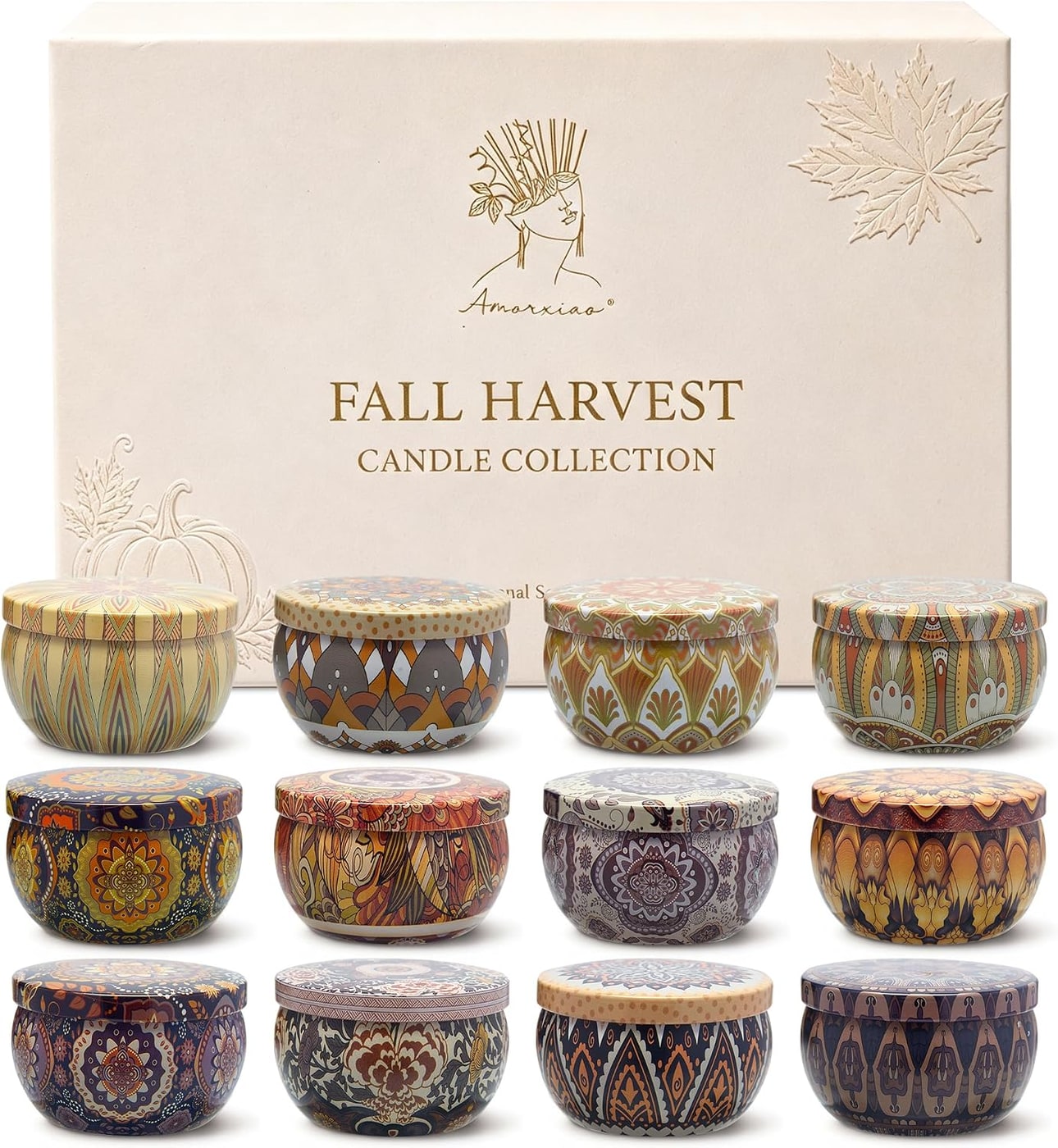 LAJDL Autumn Harvest Soy Candle Gift Set open to reveal twelve decorative tin candles with autumn patterns