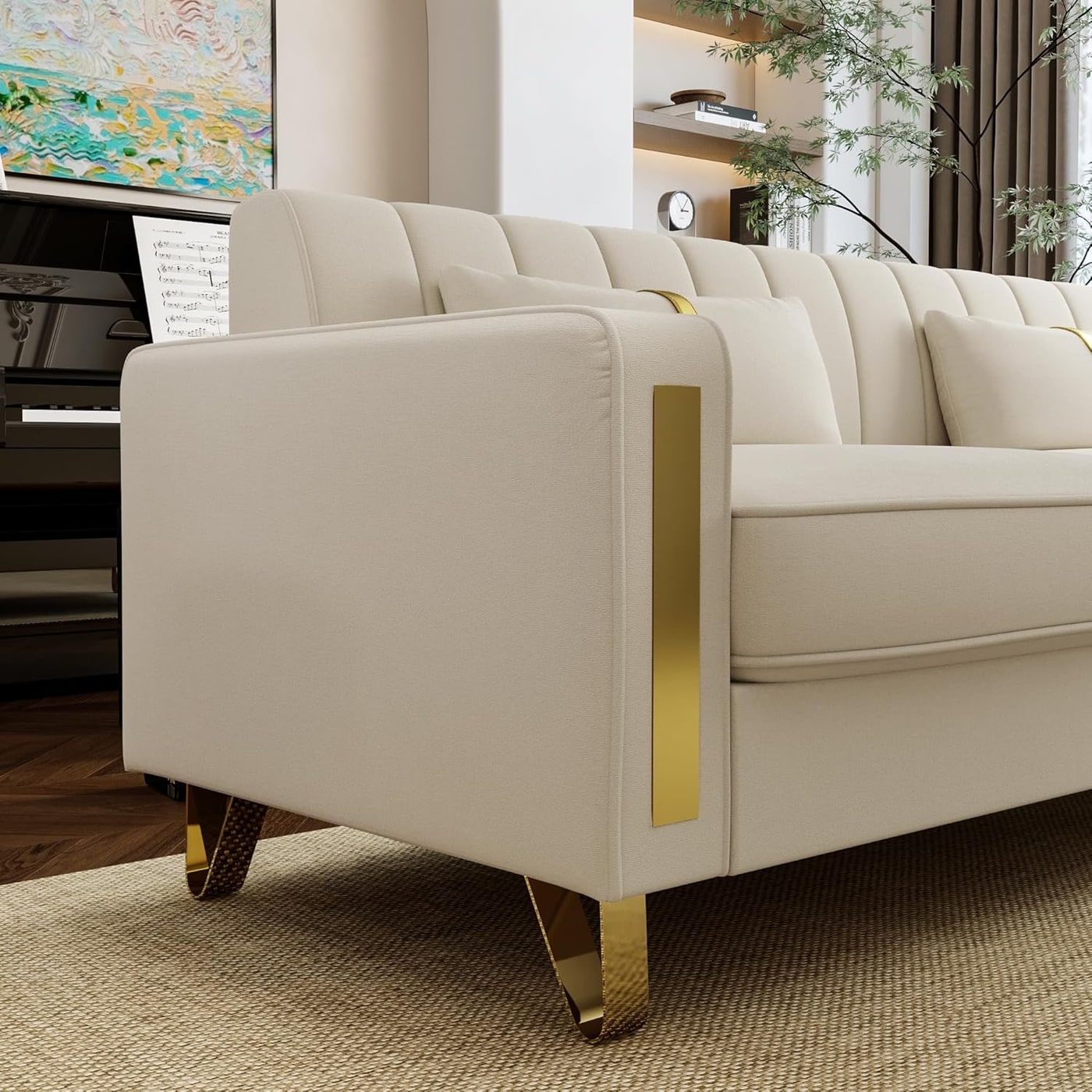 Two-Piece Beige Velvet Loveseat Sofa Set - Photo 3