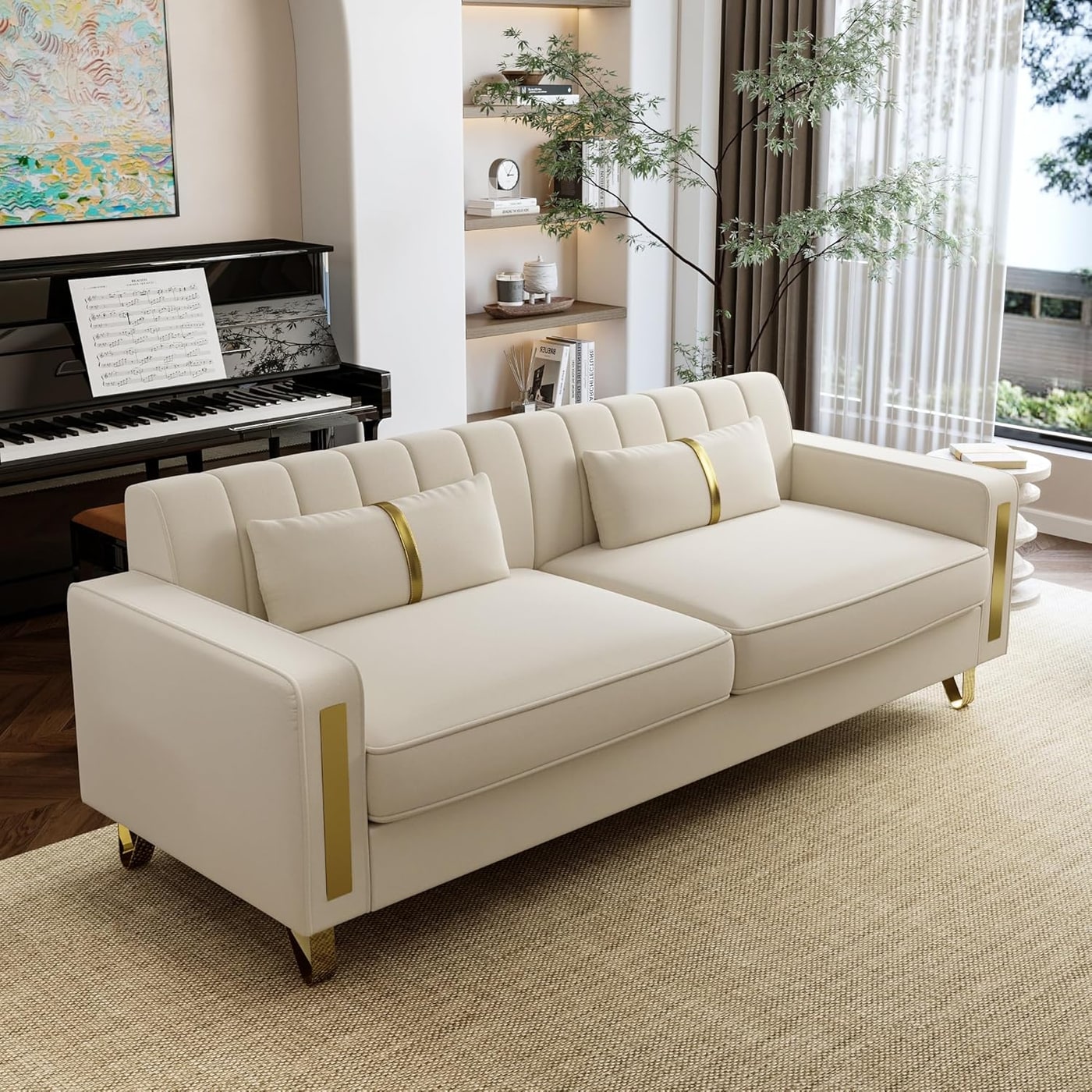 Two-Piece Beige Velvet Loveseat Sofa Set - Photo 4