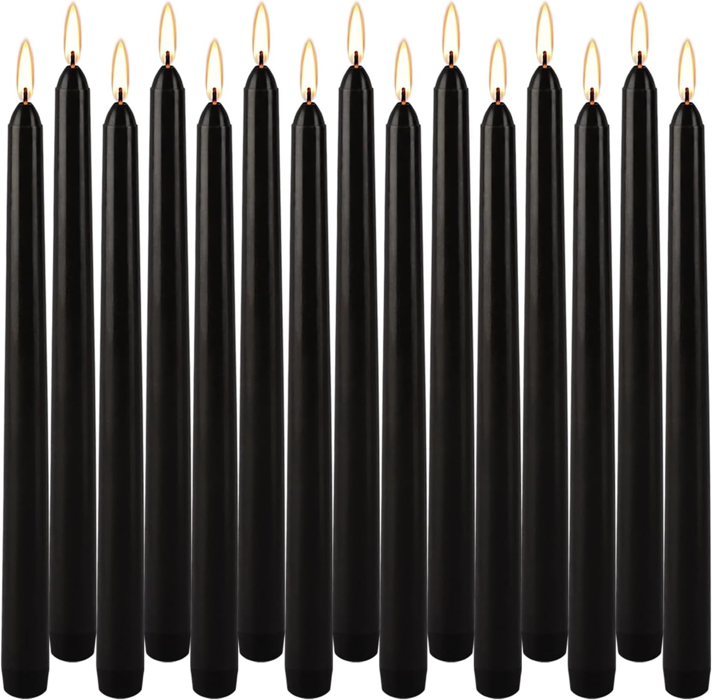 Set of fourteen slim black taper candles arranged in a row on a white background