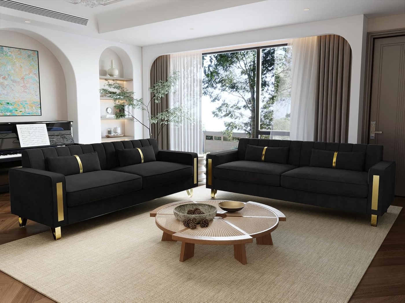 Two-Piece Black Velvet Chesterfield Sofa Set with Gold Legs - Photo 2