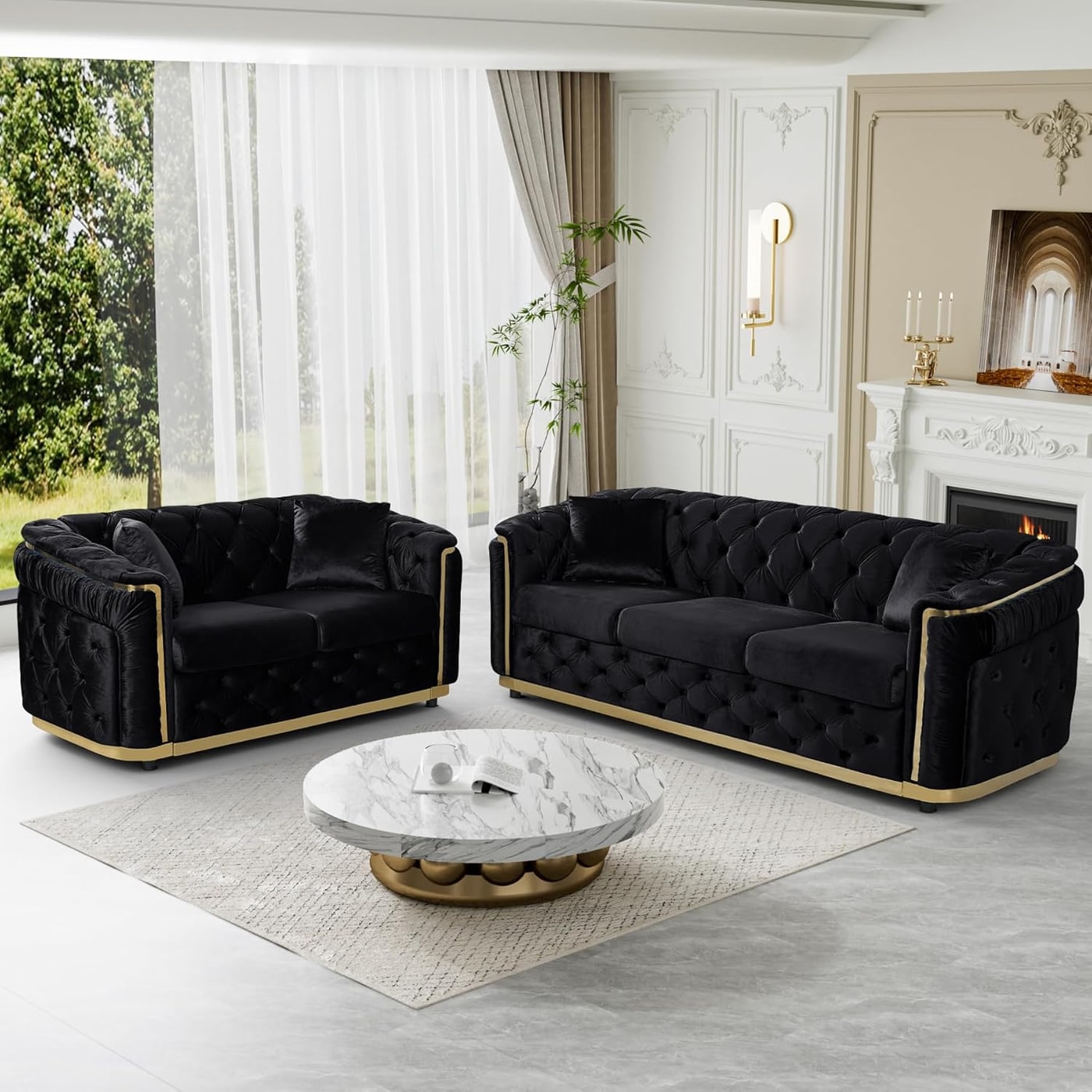 Two-Piece Black Velvet Chesterfield Sofa Set with Gold Legs - Photo 4