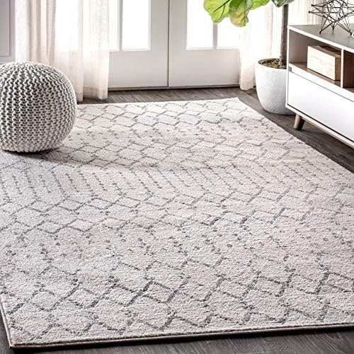 Diamond Moroccan area rug in cream and gray with low pile and geometric trellis pattern