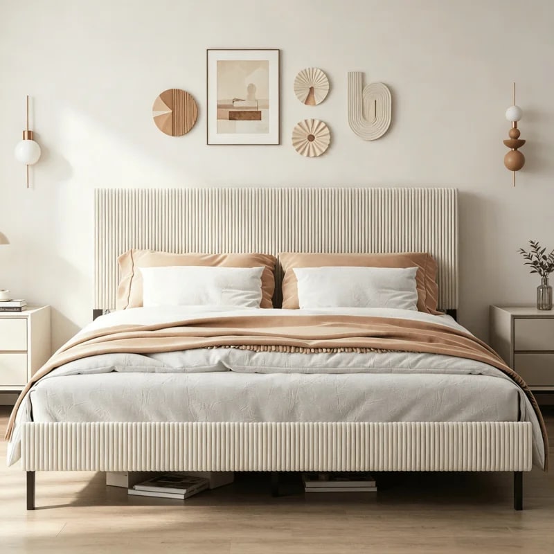 Boucle Headboard Platform Bed