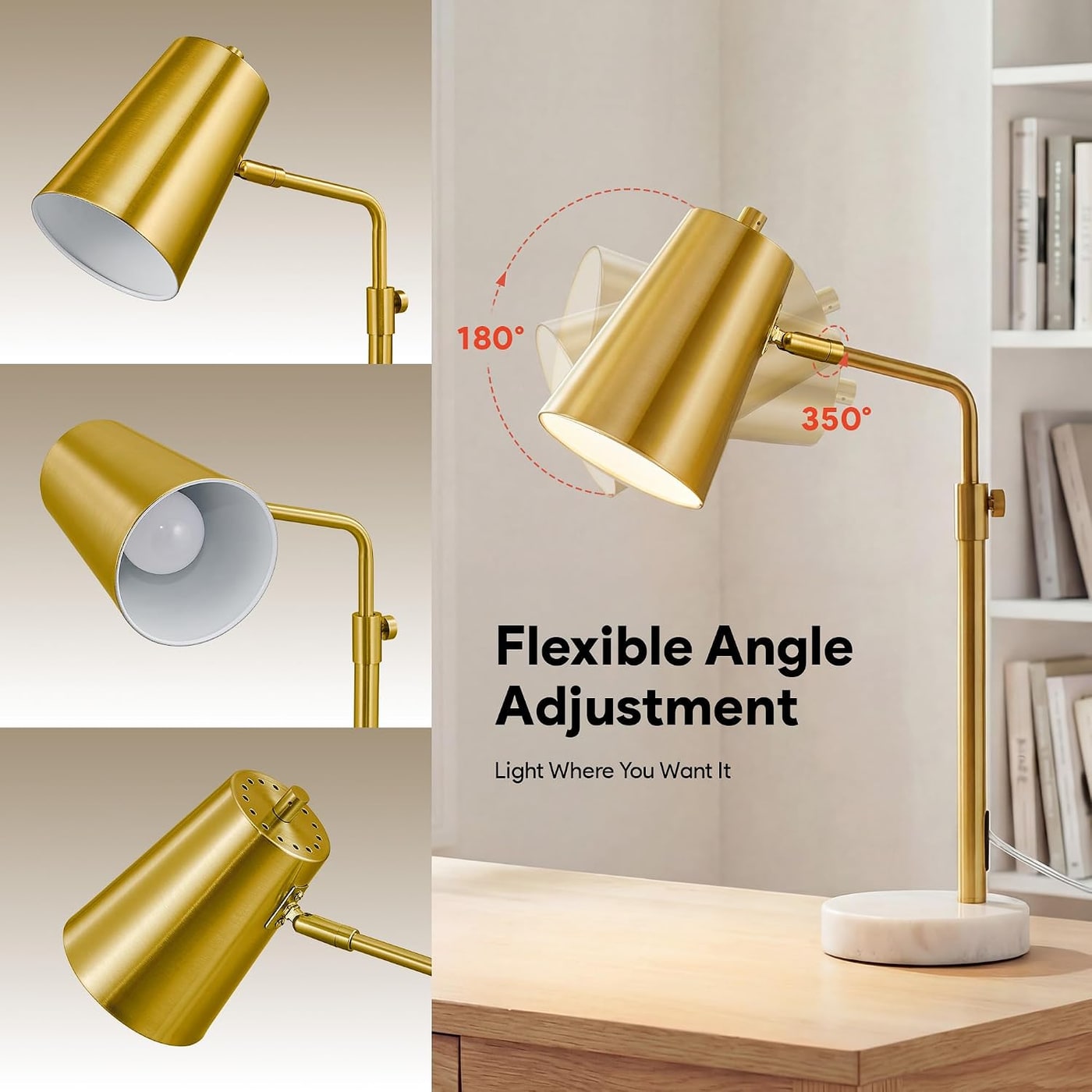 Adjustable Brass Desk Lamp with Marble Base - Photo 3