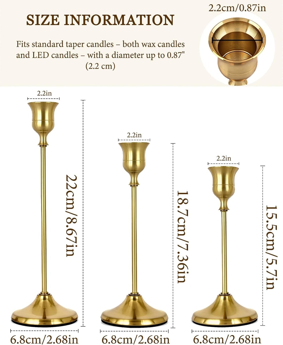Weighted Brass Taper Candlestick Holders, Set of 6 - Photo 4