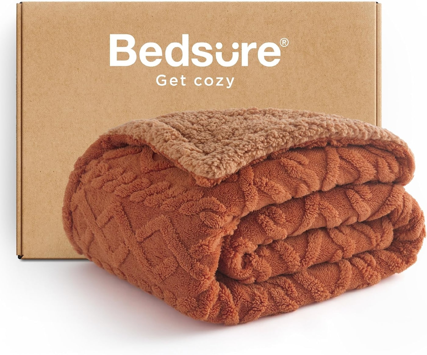 Bedsure Cable Jacquard Sherpa Fleece Throw Blanket in warm orange tone, folded to show contrasting textures