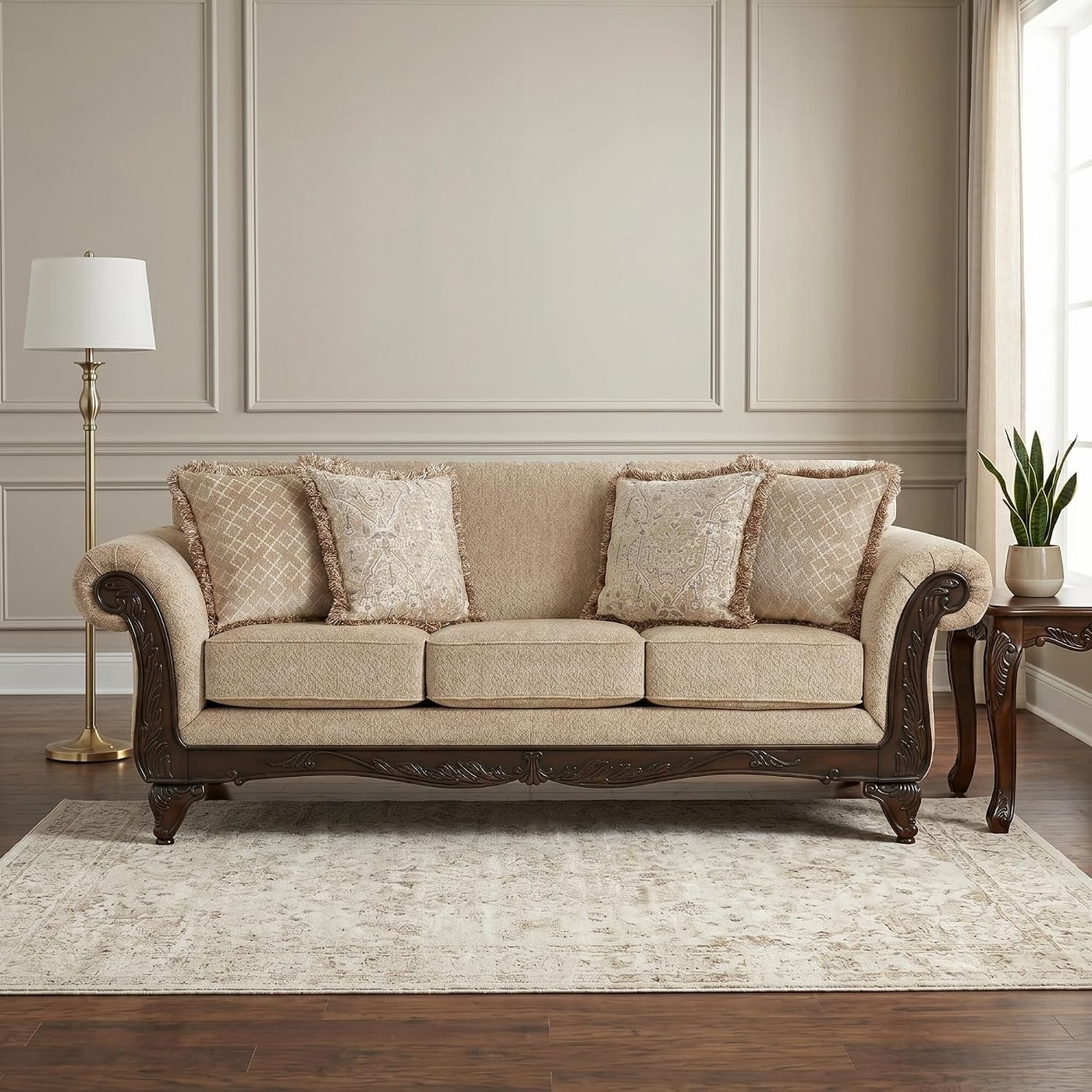 2-Piece Carved Wood Sofa and Loveseat Set in Beige Wheat - Photo 2