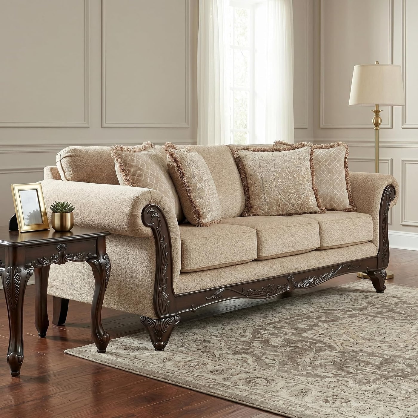 2-Piece Carved Wood Sofa and Loveseat Set in Beige Wheat - Photo 3