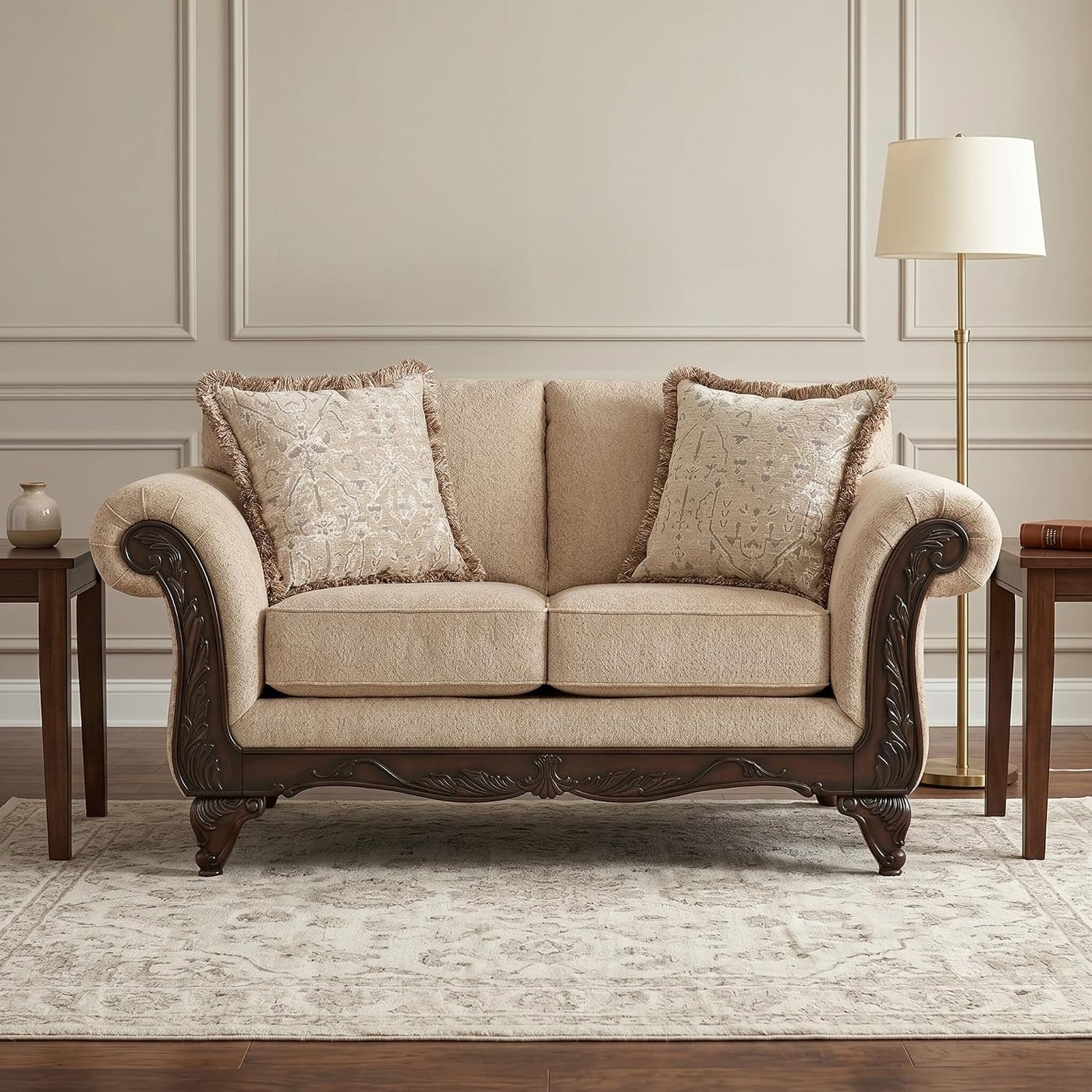 2-Piece Carved Wood Sofa and Loveseat Set in Beige Wheat - Photo 4