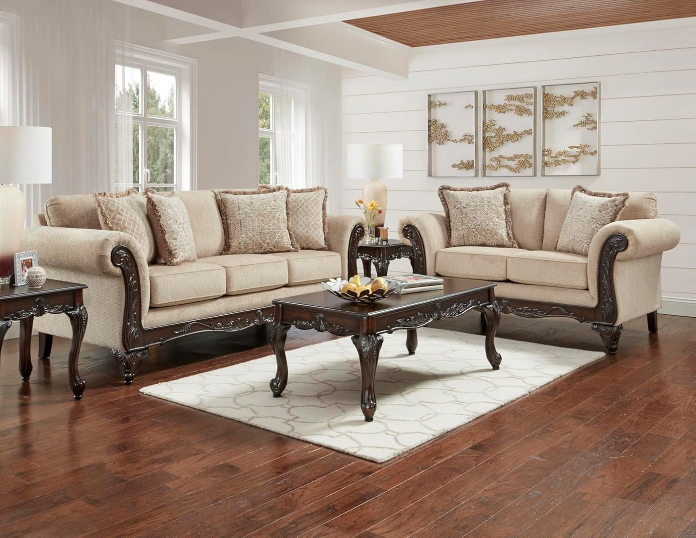 2-Piece Carved Wood Sofa and Loveseat Set in Beige Wheat - Beige Wheat