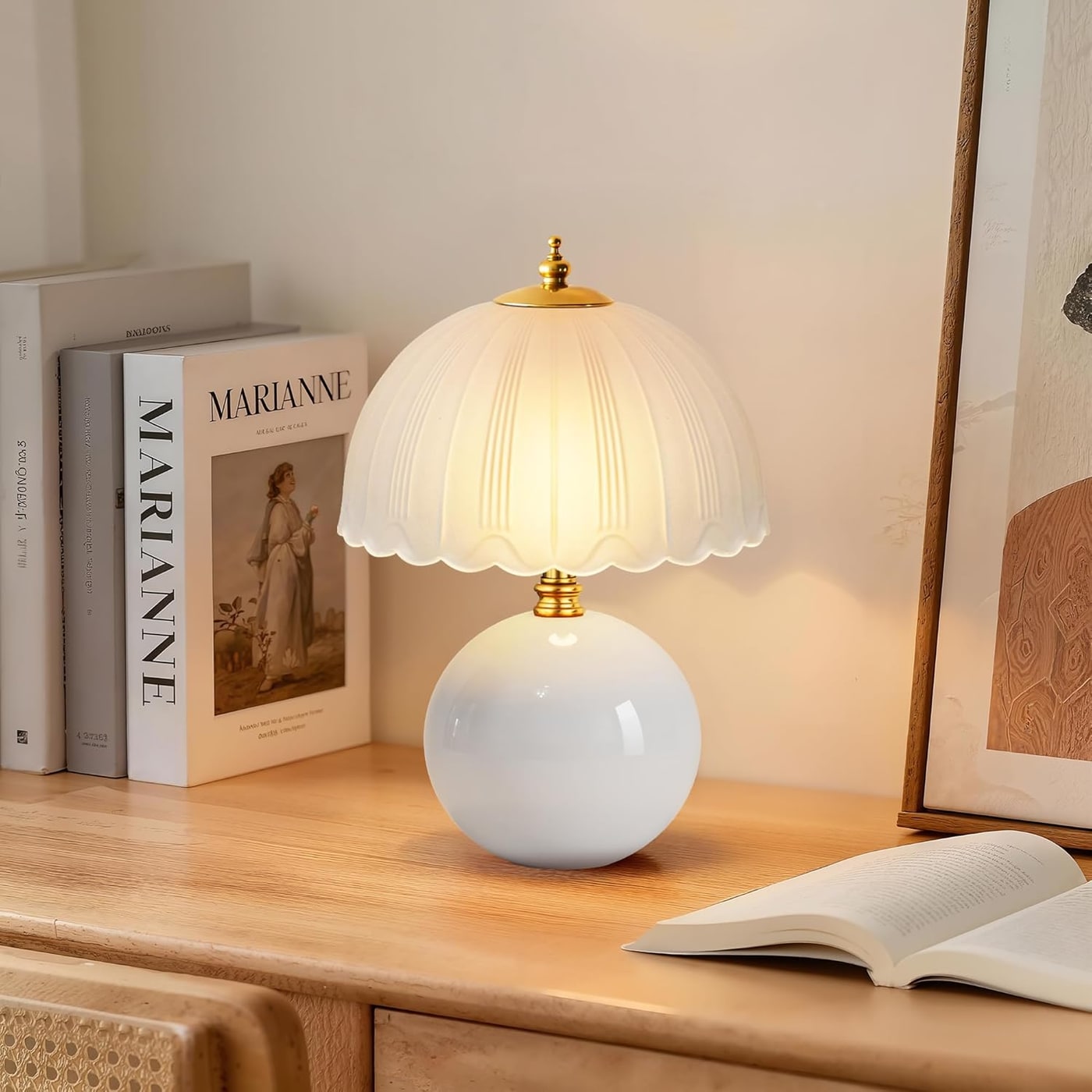 Ceramic Mushroom Table Lamp with Frosted Glass Shade - White