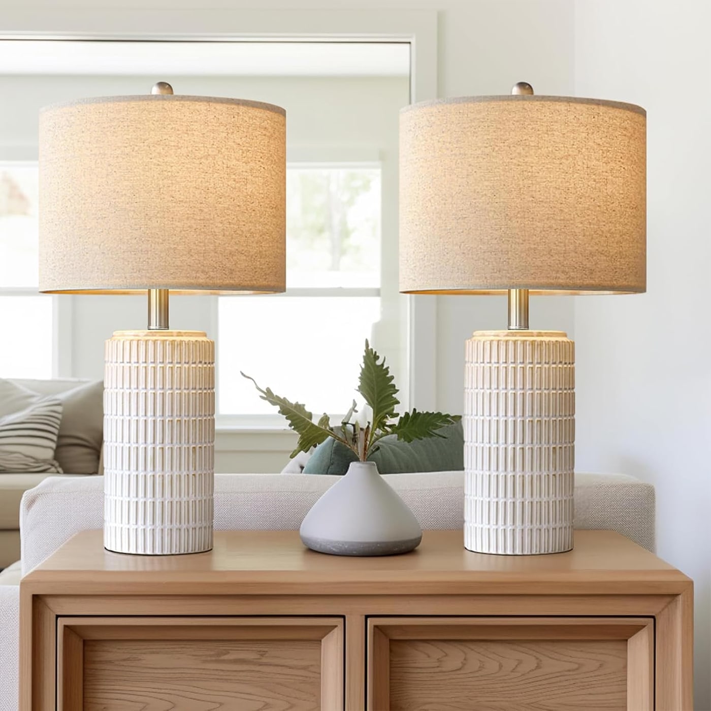 23-Inch Modern Ceramic Table Lamp Pair - Beige and White