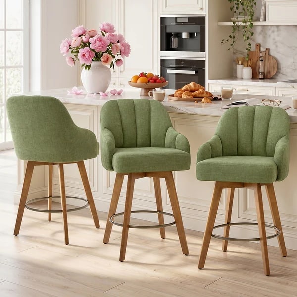 Channel-tufted swivel bar stool with curved armrests, chenille upholstery, and a solid wood base