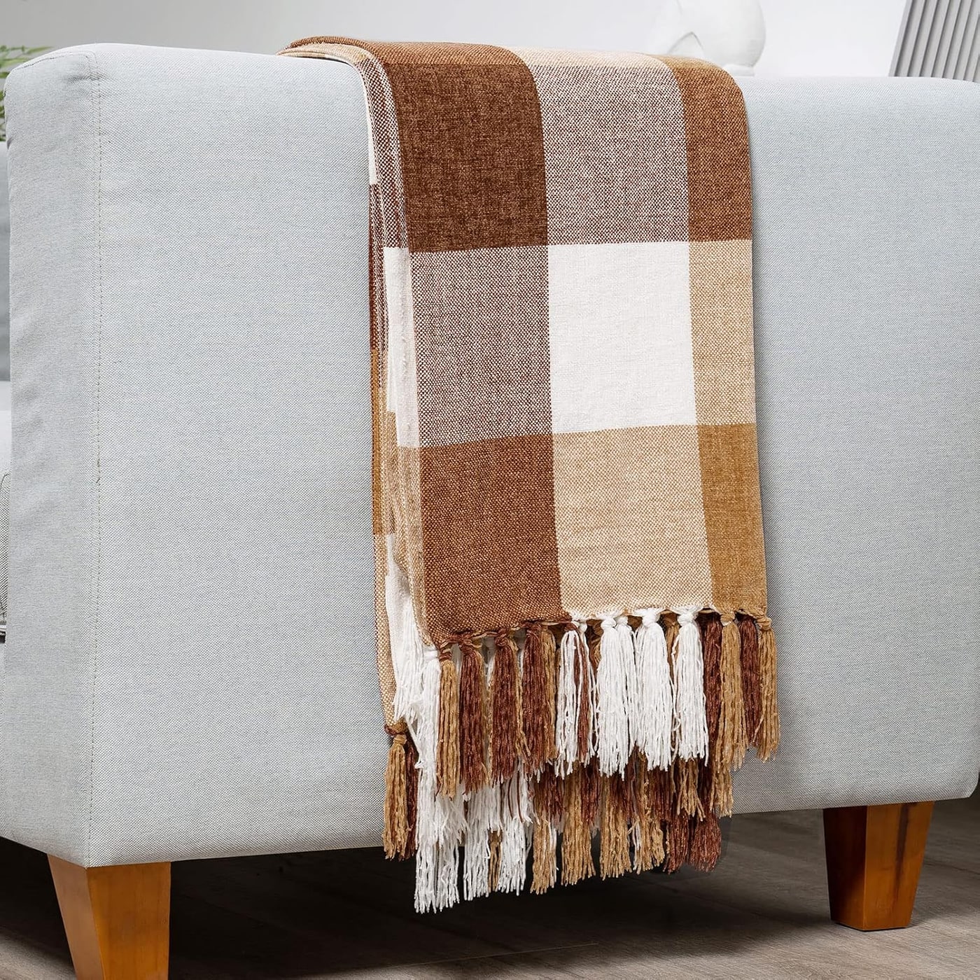 Chenille Buffalo Plaid Throw Blanket - Plaid Brown Off White