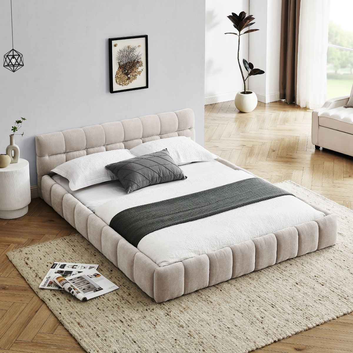 Modern Chenille Platform Bed with Upholstered Headboard - Beige