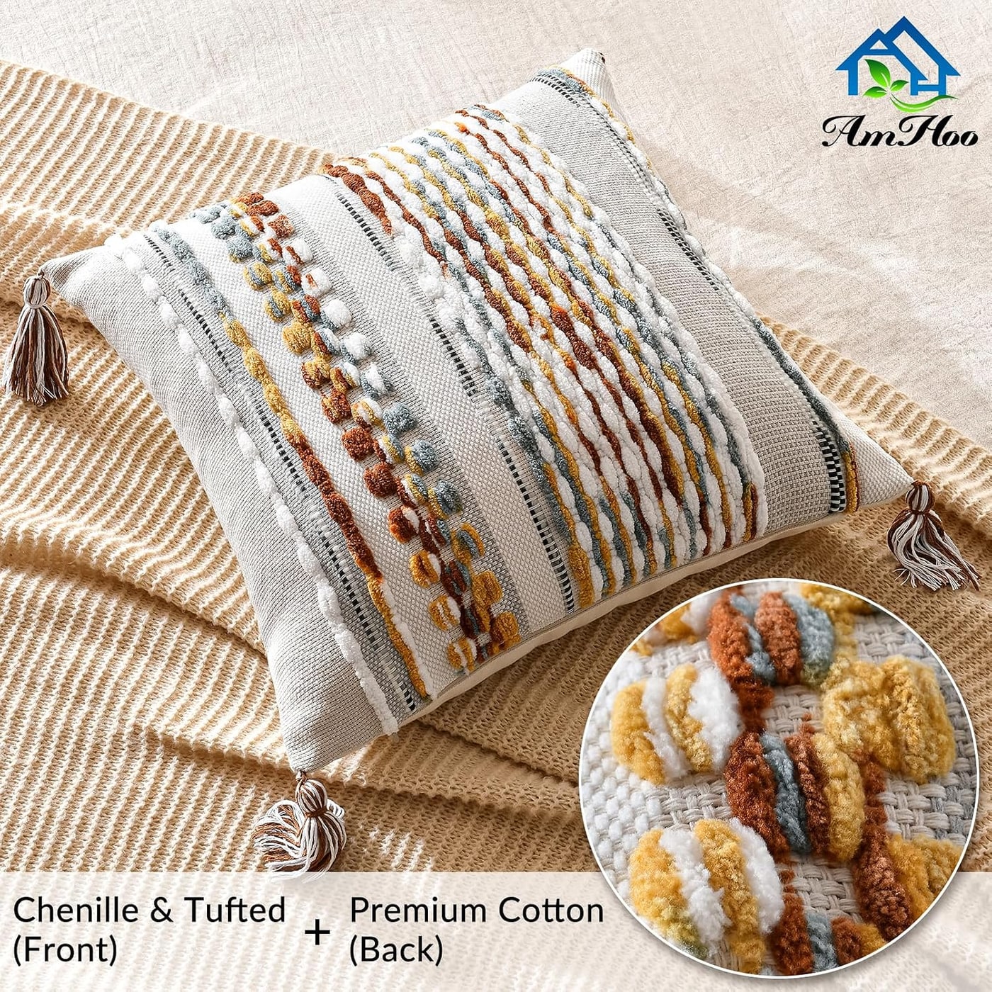 Striped Chenille Tassel Throw Pillow Cover - Photo 2