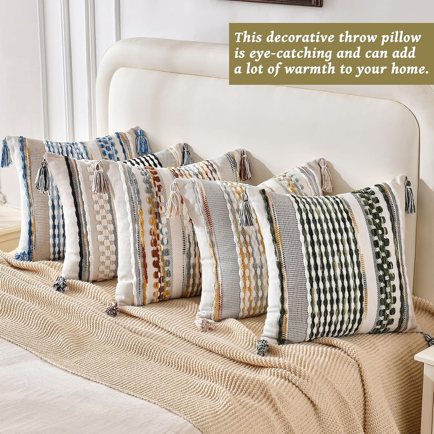 Striped Chenille Tassel Throw Pillow Cover - Photo 4