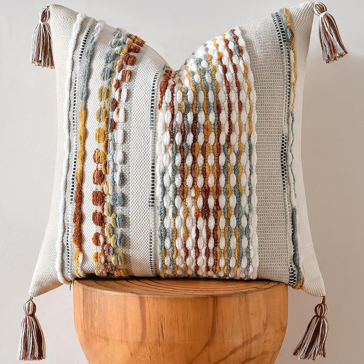 Striped Chenille Tassel Throw Pillow Cover - Brown