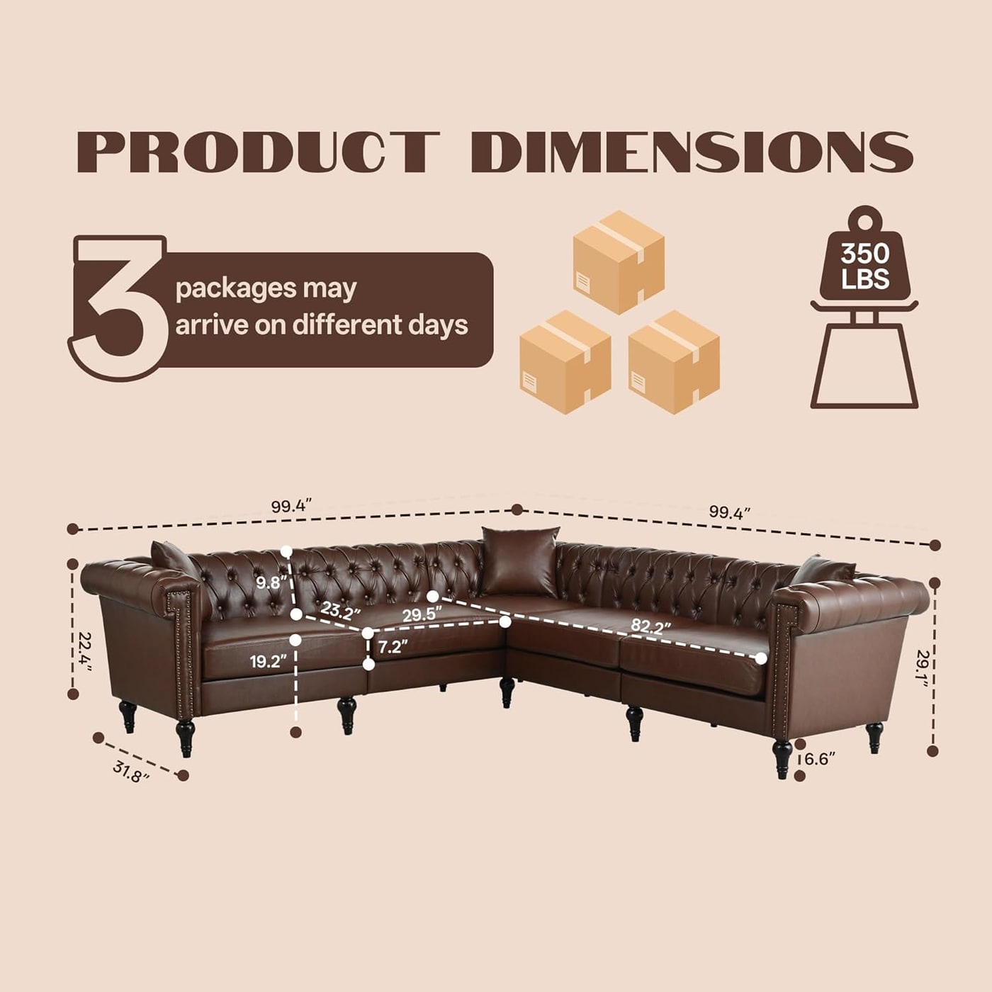 99-Inch Tufted Chesterfield L-Shaped Sectional in Brown - Photo 2