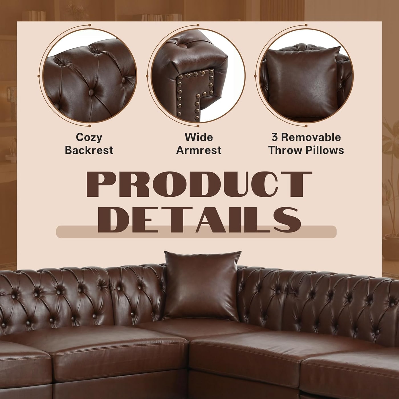 99-Inch Tufted Chesterfield L-Shaped Sectional in Brown - Photo 3