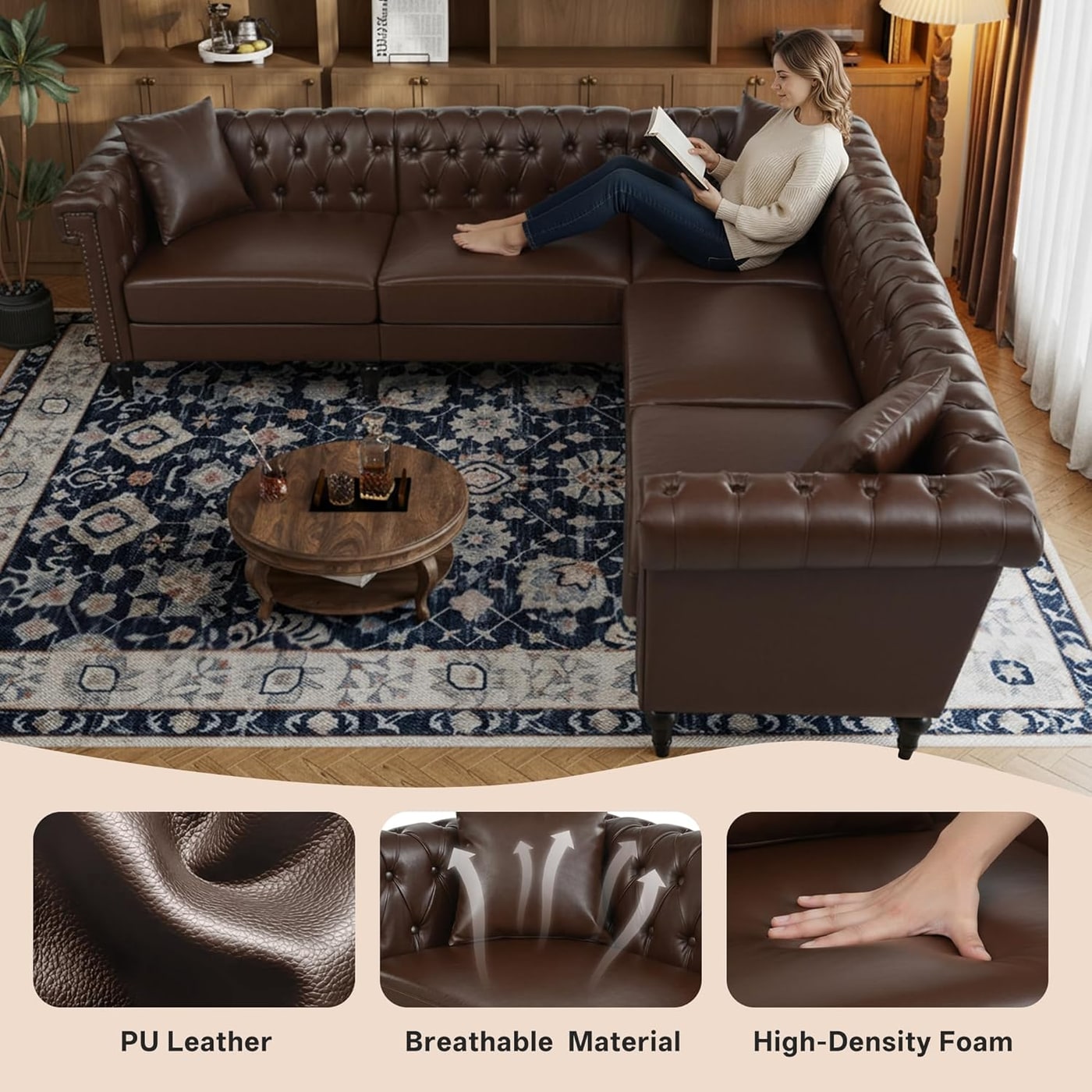 99-Inch Tufted Chesterfield L-Shaped Sectional in Brown - Photo 4