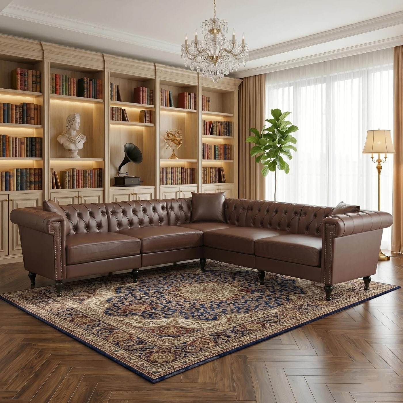 99-Inch Tufted Chesterfield L-Shaped Sectional in Brown - Brown