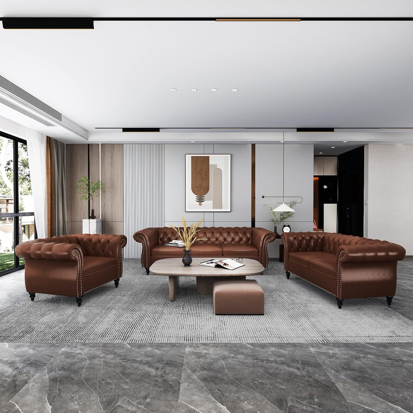 Chesterfield Three-Piece Living Room Set - Dark Brown
