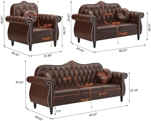 Chesterfield Tufted Sectional Sofa Set in Brown - Photo 3