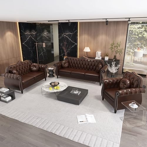 Chesterfield Tufted Sectional Sofa Set in Brown - Photo 4